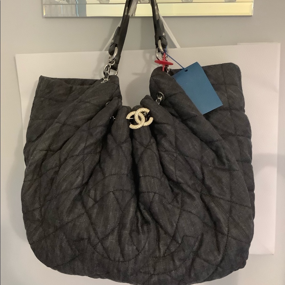 CHANEL  Black Denim Coco Cabas Chain Hobo Bag